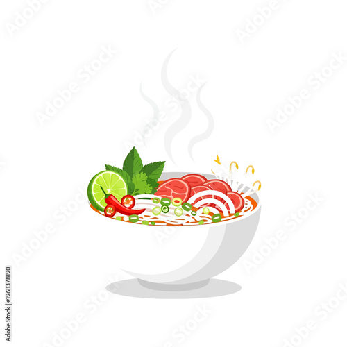 Flat lay illustration of a steaming bowl of spicy noodles with lime, chili and herbs on a white background.
