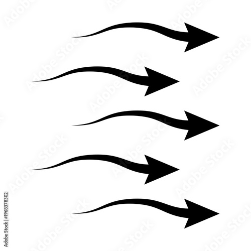 Set of five black curved arrows indicating forward movement, speed, or progress in a dynamic flow.