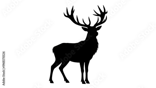 Majestic black stag silhouette with impressive branched antlers gracefully standing in profile, isolated on transparent background for graphic design