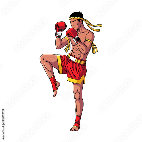 Illustration of a shirtless male Muay Thai boxer wearing red and yellow gear, kicking with a determined expression on a white background.