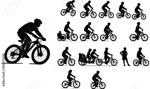 Set of bicycle rider silhouettes including mountain bike cycling family ride and transport concept isolated on white background active lifestyle sport illustration collection