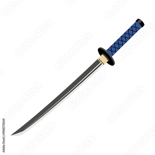 A katana sword with a blue handle and gold accents on a white background.