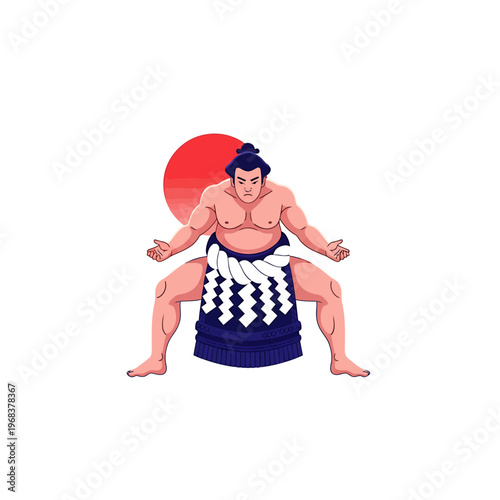 Illustration of a sumo wrestler in traditional loincloth posing against a red sun on white background
