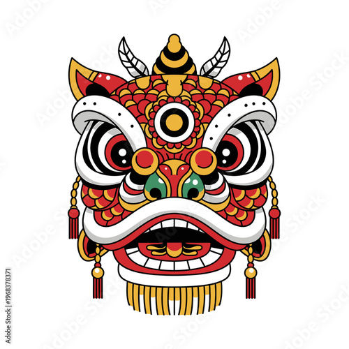 Vibrant illustration of a Chinese lion dance mask on a white background