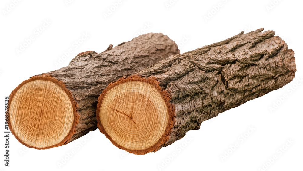 Fototapeta premium Rough textured brown tree logs with visible annual rings showcasing natural wood grain, isolated on transparent background for forestry designs