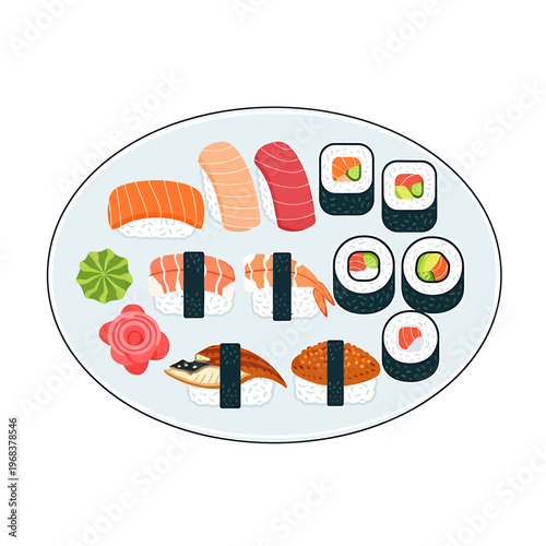 Variety of sushi and maki rolls on a plate