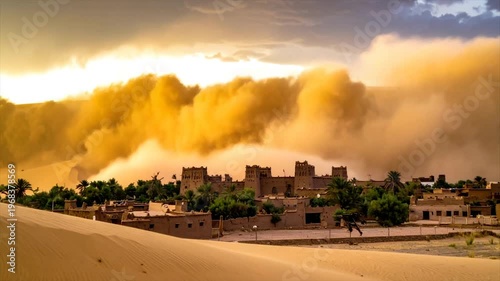 Desert village under a sandstorm, with dunes and ancient architecture