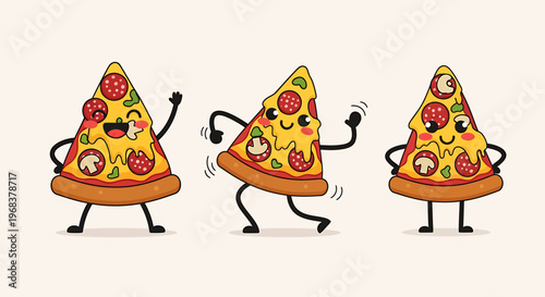 Cute dancing pizza slices with happy faces and cartoon style on a white background, illustration