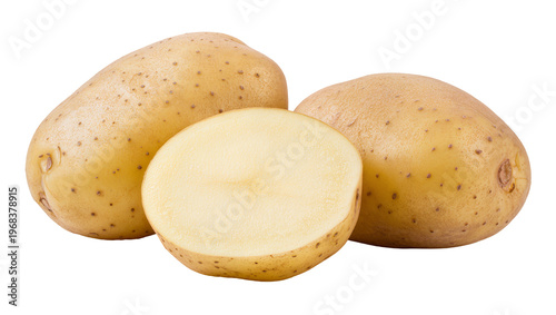Obraz na płótnie Three raw russet potatoes one halved to reveal creamy flesh, isolated on transpa