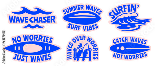 Vintage Summer Surf Vibes Sticker Pack With Surfboards and Waves, Retro Bold Tropical Vector Flat Illustrations Set for t-shirt prints, beachwear design, summer logo, and coastal branding