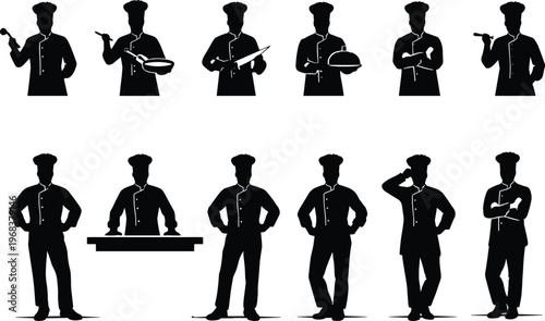 Set of chef silhouettes cooking preparing food and presenting dishes isolated on white background professional kitchen restaurant service culinary occupation illustration collection