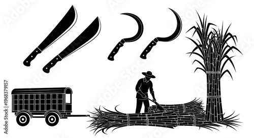 Man harvesting hay with machetes wagon.