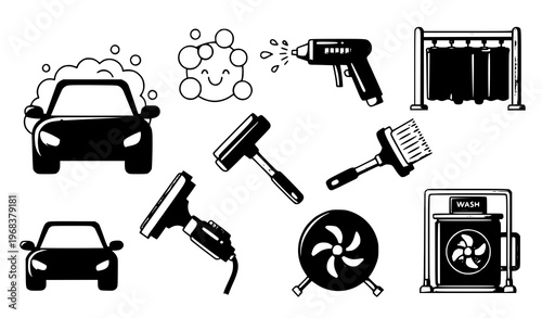 A set of black and white vector icons depicting car wash tools and equipment