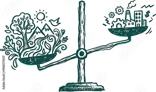Offset doodle style hand drawn uneven balance scale using abstract shapes instead of objects symbolizing ecological balance and nature sustainability vector art illustration.
