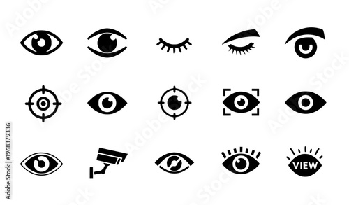 A set of black and white vector graphic eye icons and symbols