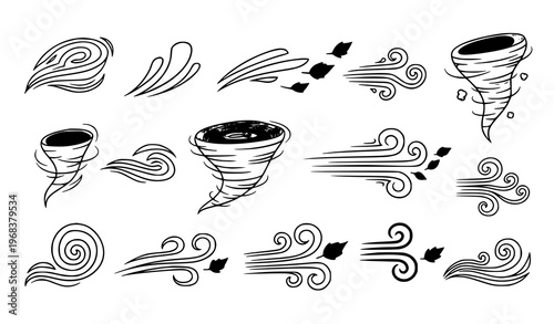 A set of black and white vector illustrations of tornadoes and swirling winds