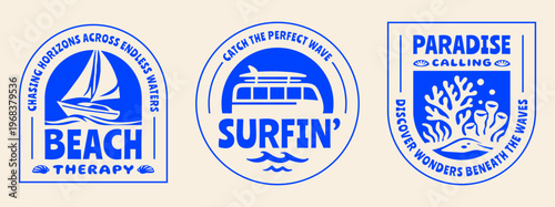 Retro Surf Club Logo Badge Set, Tropical Summer Beach Flat Vector Illustrations for Apparel, T-Shirt Prints, Posters, Travel and Vacation Designs