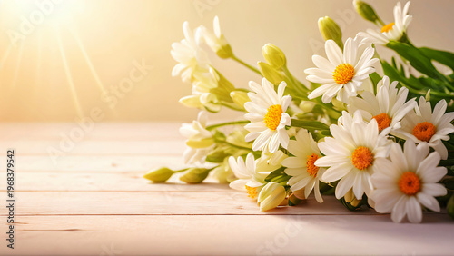 White Daisy Flowers Bouquet on Soft Warm Background