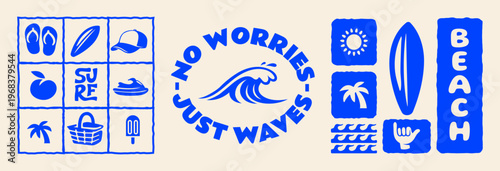 Retro Summer Surf Vector Flat Illustrations Set, Vintage Coastal Grid Icons, Tropical Beach Graphics for T-Shirt Prints, Poster, Travel and Vacation Designs