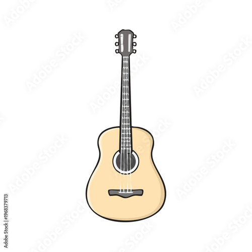 Acoustic guitar with six strings and a natural wood finish, isolated on a white background