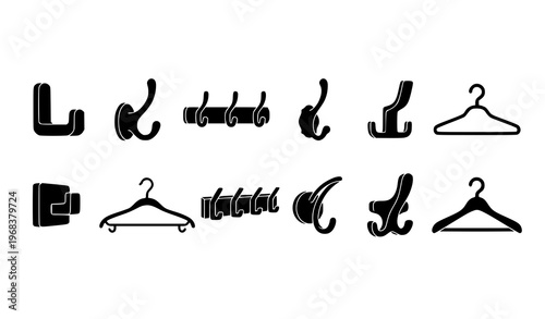 Black coat hook and hanger silhouette collection with wall rack icons isolated on white background