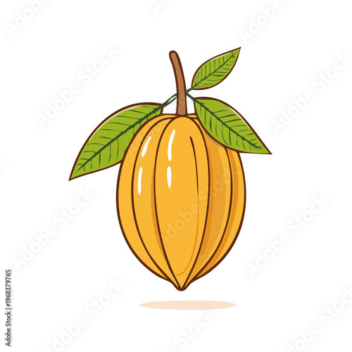 Bright Yellow Cacao Pod with Green Leaves on a Branch, Simple Line Art Illustration
