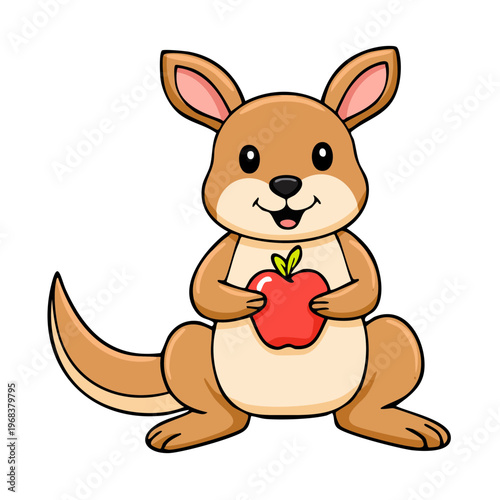 Cute cartoon kangaroo holding a bright red apple with a green leaf