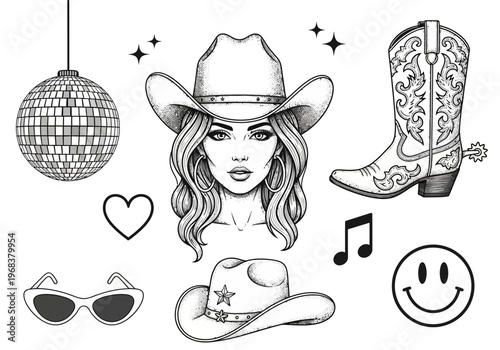 Western Disco Cowgirl Illustration Collection - Retro Tattoo Style Graphics with Cowboy Boots, Disco Ball, and Sheriff Hat - Black and White Hand-Drawn Clip Art Set