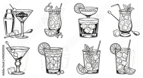 Refreshing cocktails and bar accessories presented in a detailed vintage.