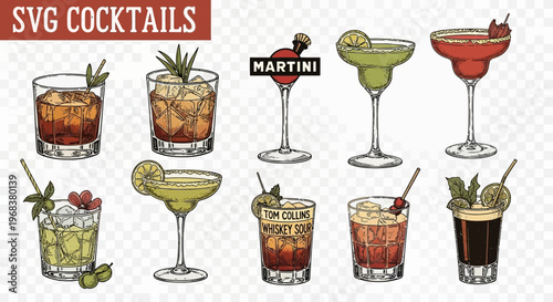 Various hand-drawn vintage style cocktails are presented as graphic.