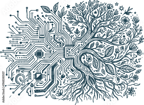 Offset doodle style hand drawn circuit like lines merging with organic shapes symbolizing connection between technology and nature ultra rare concept vector art.

