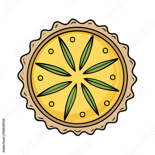 Hand Drawn Quiche Tart with Green Herbs and Yellow Filling Overhead View