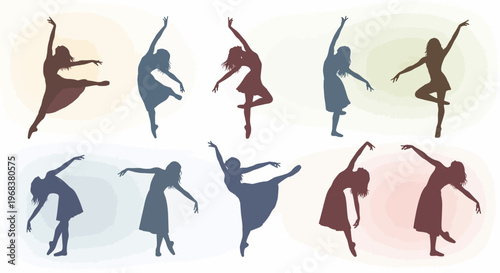 A vibrant collection of elegant female dancer silhouettes showcasing various graceful ballet and contemporary dance poses against soft, colorful backgrounds.