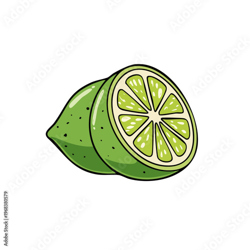 Vibrant green lime halves, one whole, on white background, fresh citrus fruit illustration