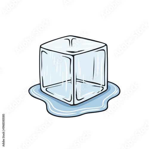 Hand drawn illustration of a melting ice cube with water puddle