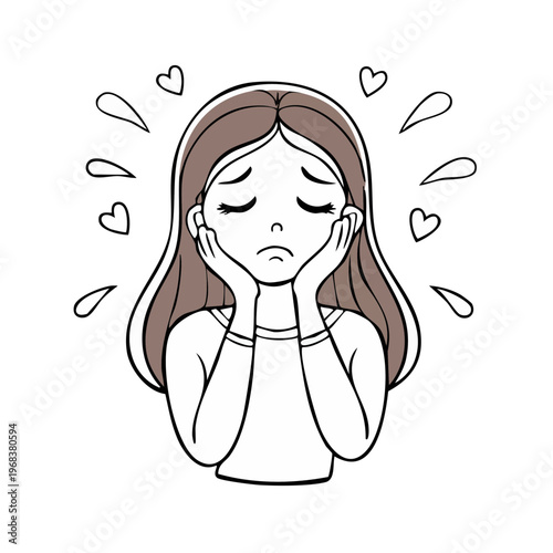 Woman with sad expression, hands on cheeks, surrounded by sweat droplets and hearts