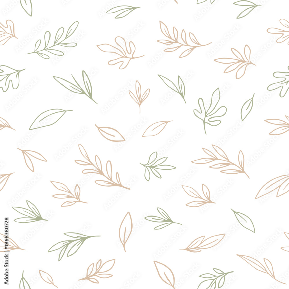 Fototapeta premium Hand drawn leaf seamless pattern minimalist botanical outline nature background soft pastel colors green beige floral design