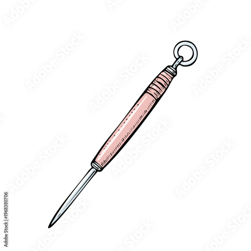 Illustration of a rose gold pimple extractor tool with a textured handle and hanging loop