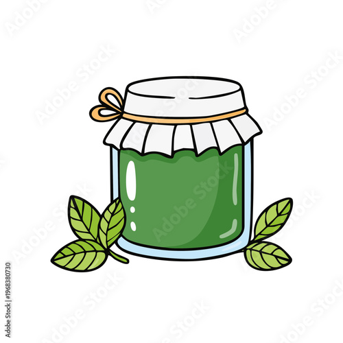 Hand drawn cartoon jar of green jam or pesto with leaves simple illustration
