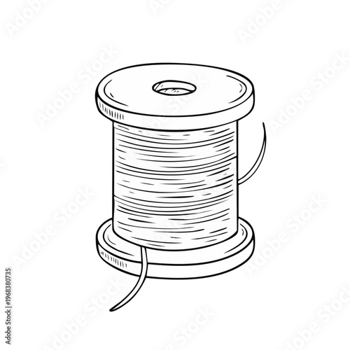 Hand drawn illustration of a thread spool with needle for sewing crafts and tailoring