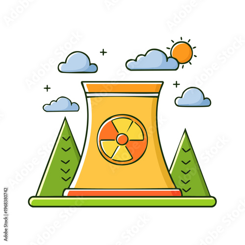 Nuclear power plant cooling tower with radioactive symbol surrounded by trees and clouds