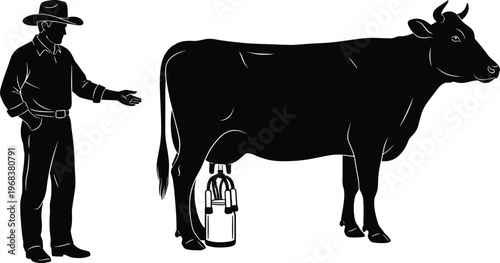Silhouette of farmer milking cow with milk can, traditional dairy farming, agriculture livestock care, rural life illustration