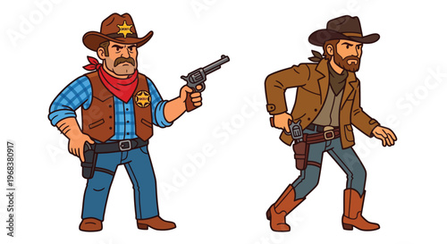Two cartoon cowboys a sheriff and an outlaw facing each other