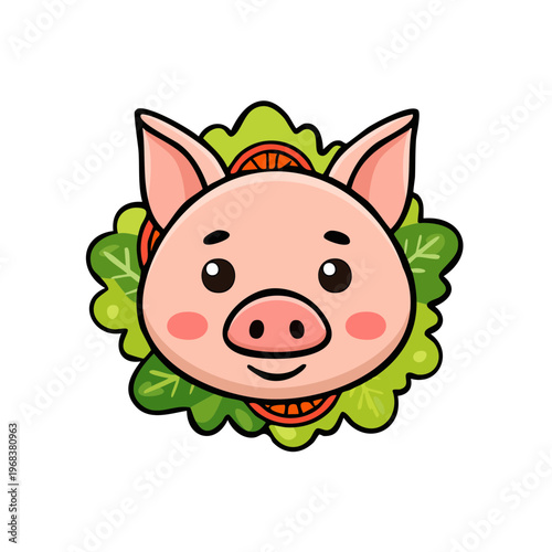 Cute cartoon pig face with lettuce and tomato slices in a whimsical food illustration