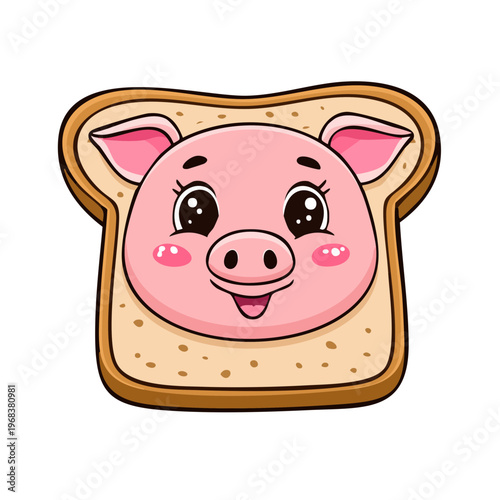 Cute cartoon pig face on a slice of toast for breakfast or lunch