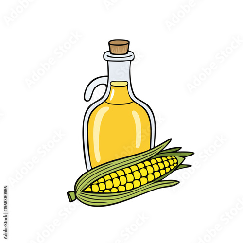 Golden corn oil in a glass bottle beside fresh corn cob illustration