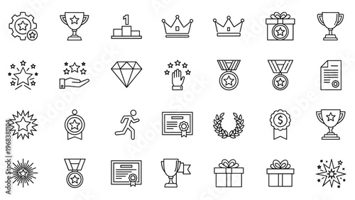 Achievement and success line icon set featuring trophy cups, medals, winner awards, star ratings, crowns, diamond, gift boxes and professional certification symbols.
