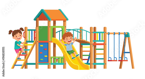Children playing on a colorful wooden playground with a slide and swings
