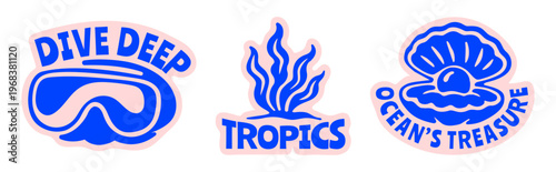 Retro Summer Beach Sticker Pack with Snorkel Mask, Seaweed, Pearl, Vintage Bold Tropical Vector Flat Illustrations Set for t-shirt prints, beachwear design, summer logo, and coastal branding