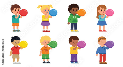 Diverse group of children blowing up colorful balloons happily